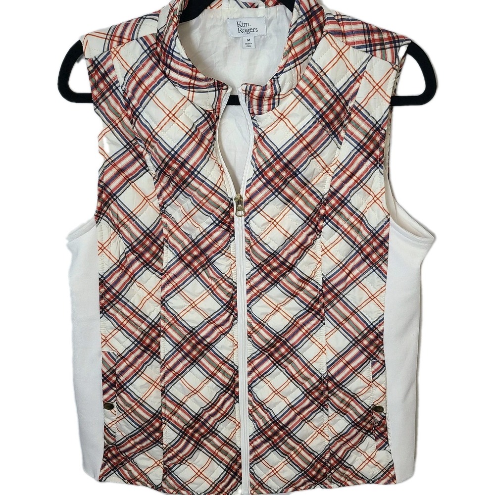 Kim Rogers Womens Size M Plaid Full Zip Snap Pockets Quilted Vest